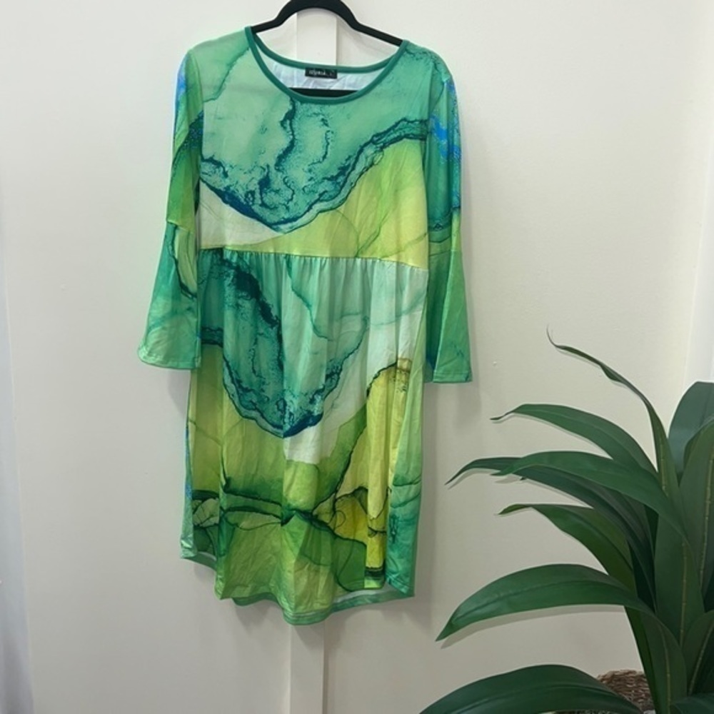 Green Blue Abstract Watercolor Midi Dress Large Bell Sleeve Empire Waist Boho